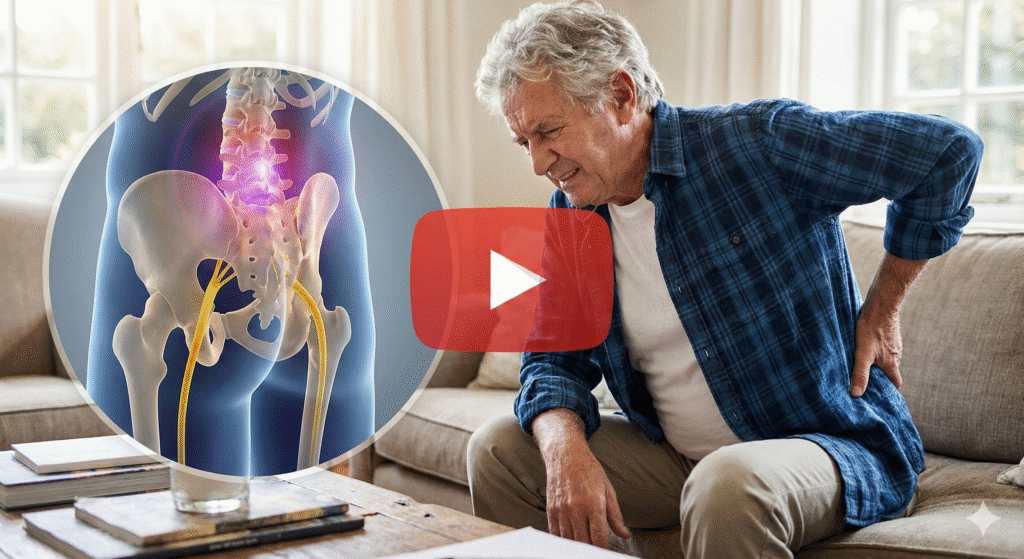 Illustration of a man suffering from sciatica pain, featuring an anatomical overlay of the spine and sciatic nerve.